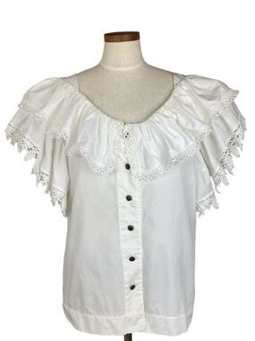 1980s Jan Barboglio White Cotton Ruffle Lace Button Down Blouse